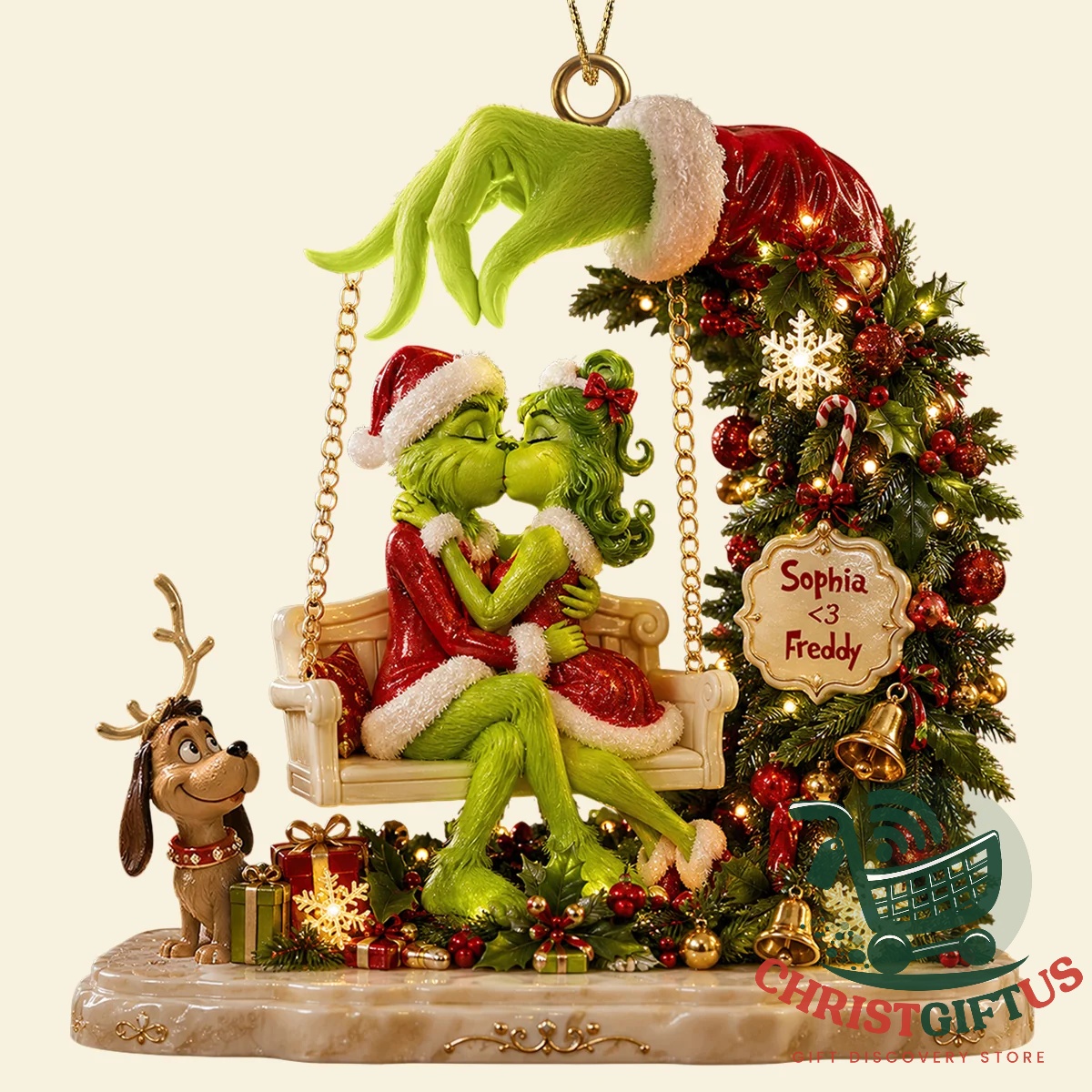 Close view of kissing green couple seated on swing ornament