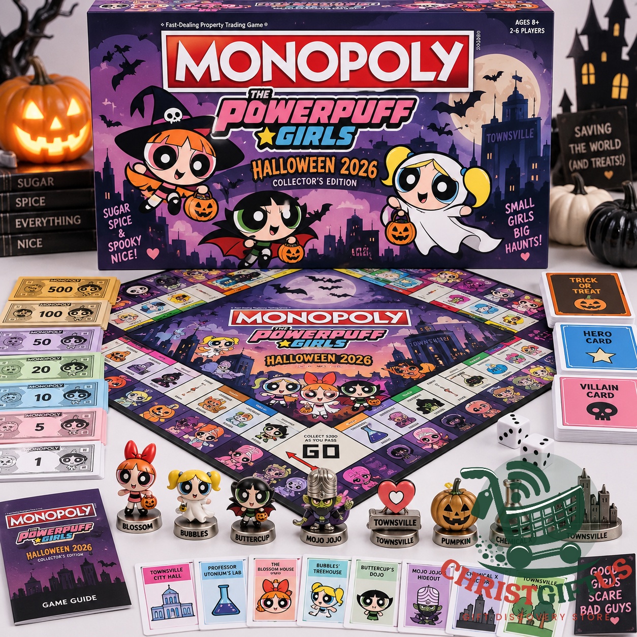 The Powerpuff Girls Halloween 2026 Monopoly Board Game - full game set display
