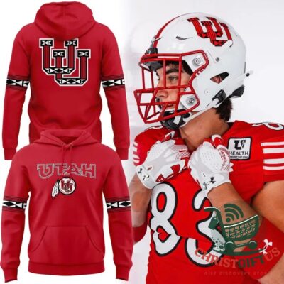 Utah Utes Football Uniform-Inspired 2026 Hoodie - front and back views beside football player
