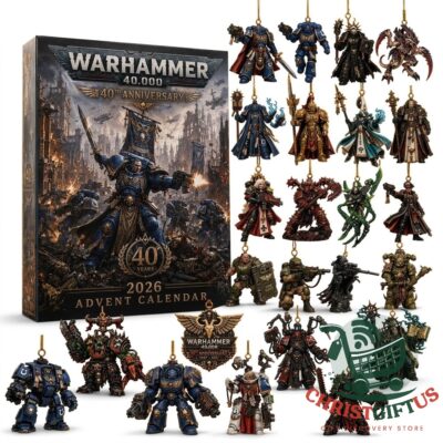 Warhammer 40,000 40th Anniversary 2026 Advent Calendar - front box and miniature ornaments