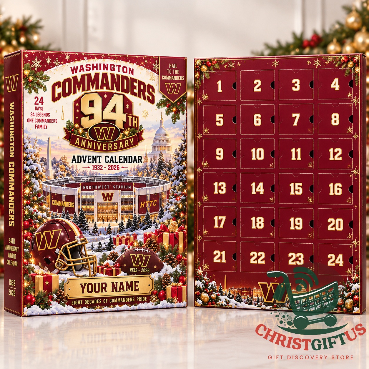 Washington Commanders 94th Anniversary 2026 Advent Calendar - close view of anniversary box artwork