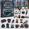 Winter Billiard 2026 Advent Calendar - box and billiard-themed ornaments displayed together