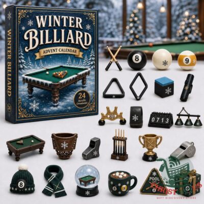 Winter Billiard 2026 Advent Calendar - box and billiard-themed ornaments displayed together