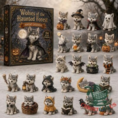 Woodland Wolves Haunted Forest Advent Calendar 2026 - front box with wolf ornaments displayed